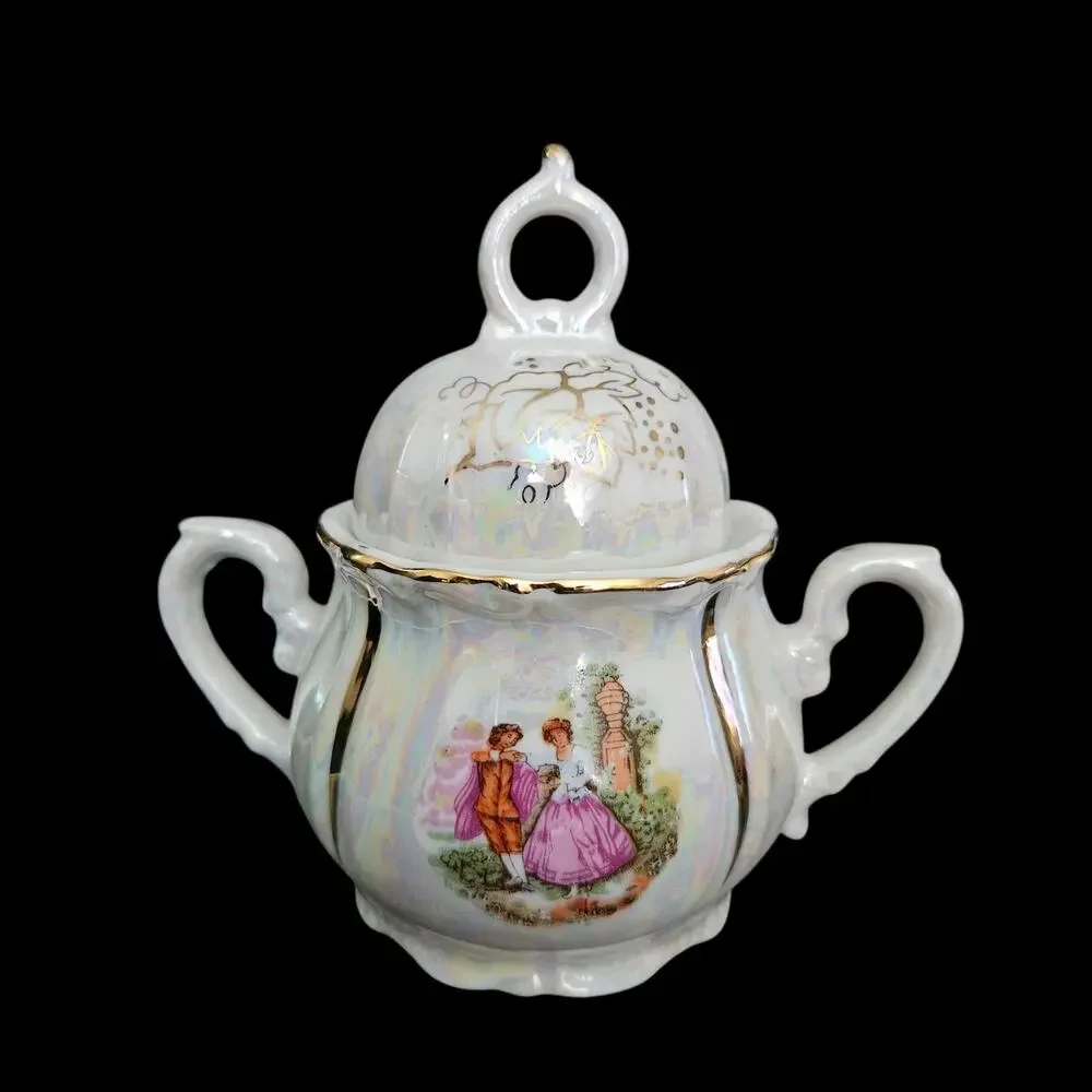 Vintage 13 Pc Japanese Lusterware Tea Set Purple Trim Courting Scene Porcelain